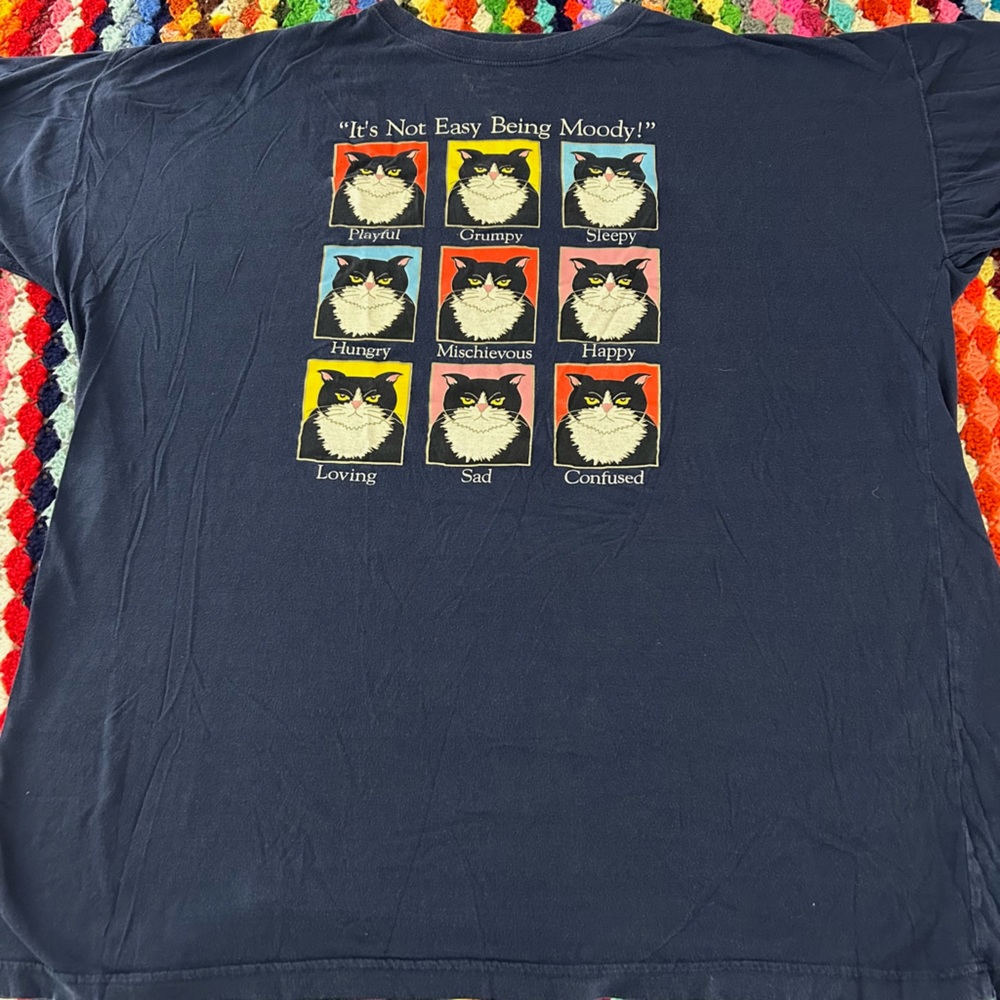 Vintage Y2K Moody Cat Faces Made in Egypt Navy Oversized 100% Cotton Tee… - Picture 1 of 9